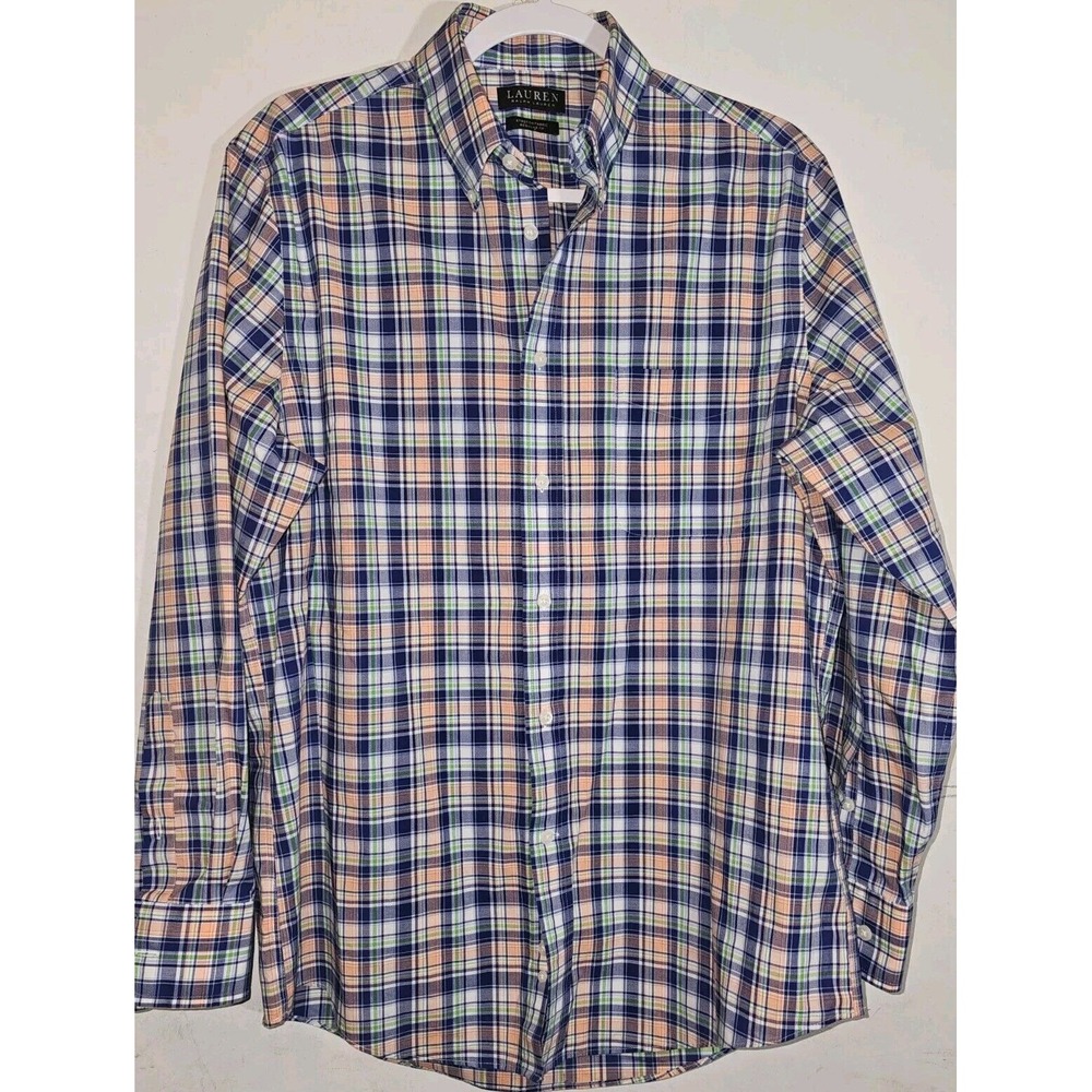 Ralph Lauren Shirt Med Plaid Blue Green Orange Stretch Button Up Long Sleeve Men - Picture 6 of 7